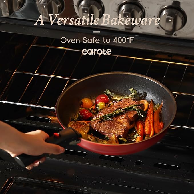 CAROTE Pots and Pans Set Non Stick Cookware Sets Oven/Fridge Safe Space Saving Pots Set 11pcs Kitchen Set Nonstick Set with Versatile Removable/Detachable Handle Induction RV Set Red and Black