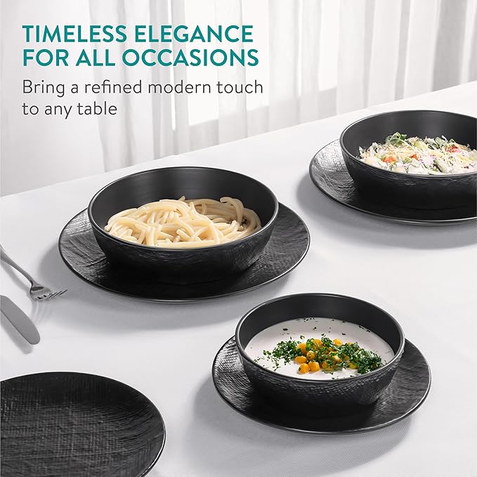 Navaris Linen Artisan Stoneware Dinnerware Set (8 Pieces) - Charcoal Black Dishes for 2 with Dinner Plates Side Plates Pasta Bowls Soup Bowls - Dishwasher and Microwave Safe