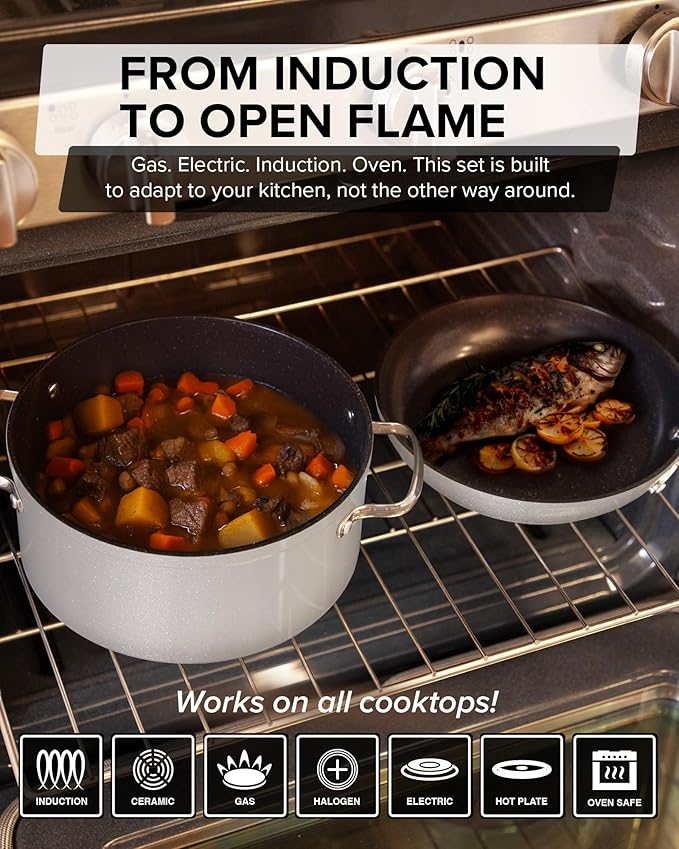 Nuwave Healthy G11-Pots and Pans Set Non Stick 9H Near-Diamond Hardness Scratch-Resistant Works on All Stovetops PFAS Free with Frying Pans Saucepans &amp Glass Lids Stay-Cool Handles Tinsel