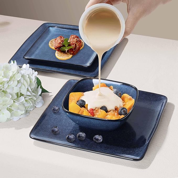 Herogo 12 Pieces Square Stoneware Dinnerware Set Service for 4 Dinner Plates and Bowls Sets Double Reactive Glaze Dishes Set for Kitchen Scratch Resistant Dishwasher Safe Starry Blue