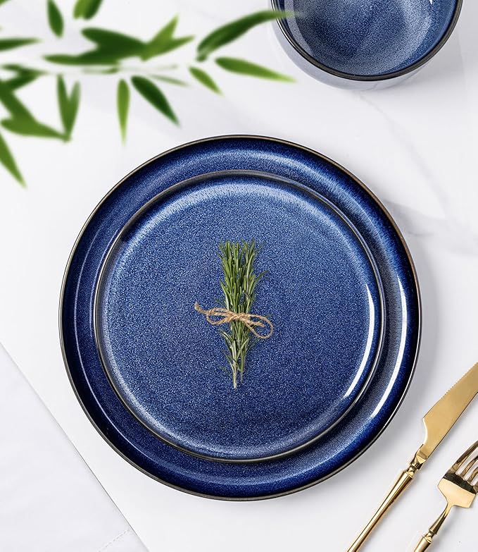 TheTerra Ceramic Dinnerware Sets for 4 12 Pieces Handmade Reactive Glaze Plates and Bowls Set Scratch Resistant Dish Set Oven &amp Microwave &amp Dishwasher Safe Blue