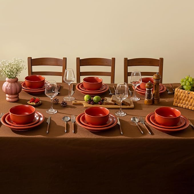 Timeworn Clay Dinnerware Set 12 Pieces Stoneware Sets for 4 Hand-Finished Glaze Farmhouse Plates and Bowls Microwave and Dishwasher Safe Terracotta Red