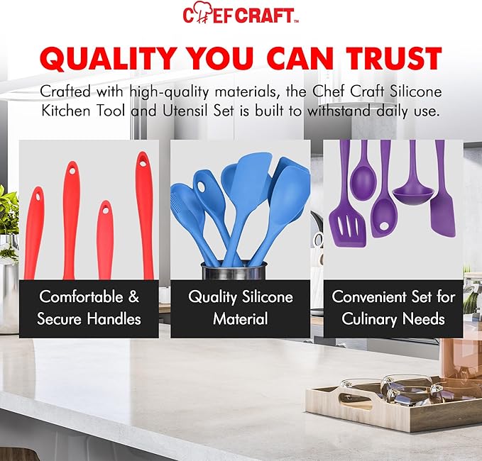 Chef Craft - Premium Silicone Kitchen Tools and Utensils Set Non-Scratch Withstands Temperatures up to 450°F BPA-Free 5 Piece Cooking Utensils Set Pink