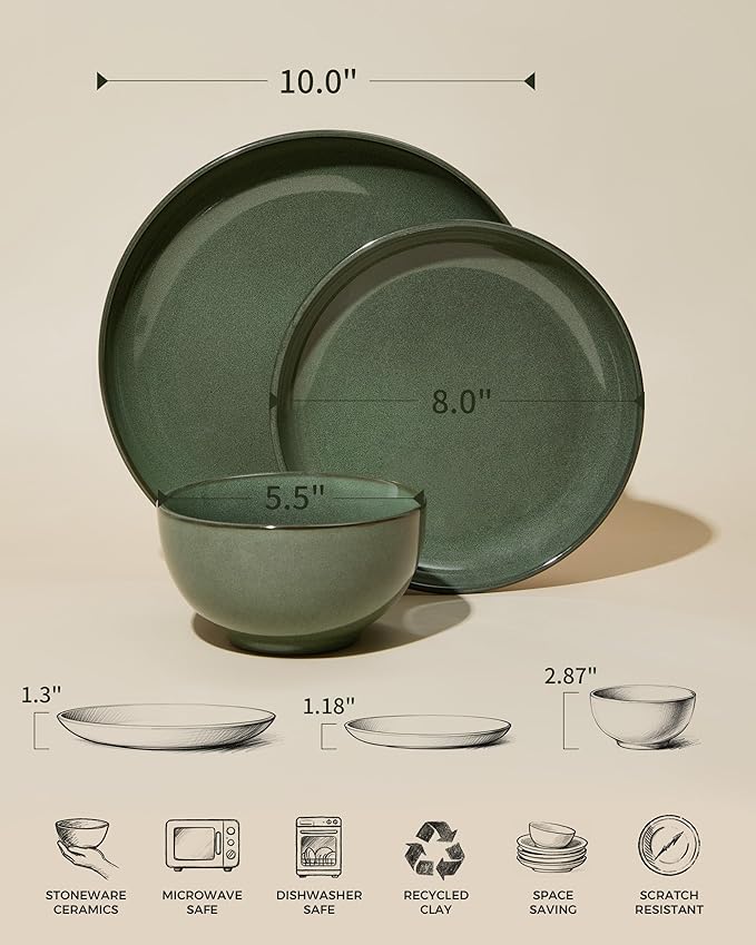 Plates and Bowls Sets for 8 24 Piece Dinnerware Set for Large Families &amp Entertaining Elegant Design Dishwasher &amp Microwave Safe Chip Resistant and Durable Forest Green
