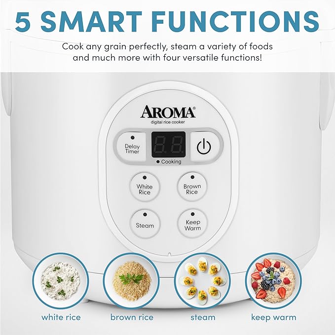 Aroma Housewares 8-Cup (Cooked) (4-Cup UNCOOKED) Digital Rice Cooker and Food Steamer (ARC-914D)White