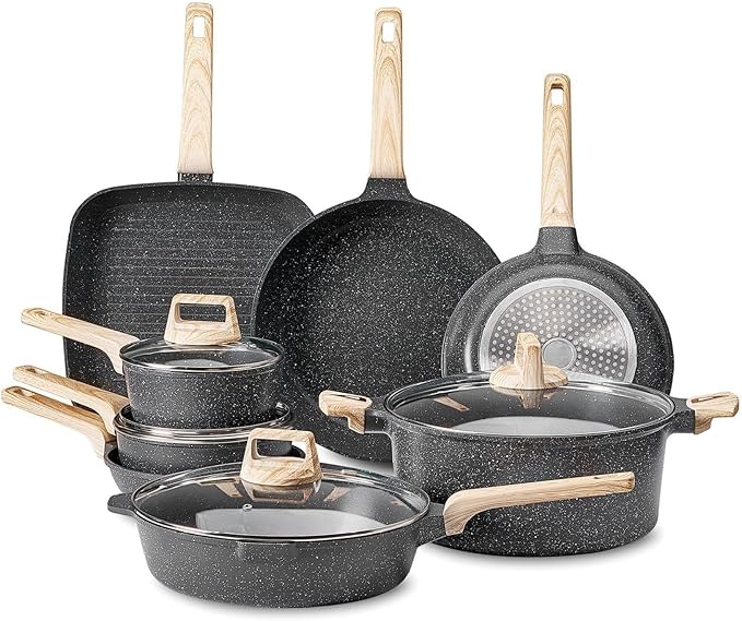 19 Piece Pots and Pans Set Nonstick Granite Cookware Induction Ready - Black Kitchen Cookware Set