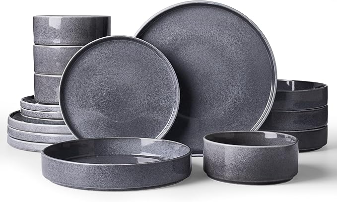 Famiware Annecy Plates and Bowls Sets Service for 4 (16 Pieces) Dinnerware Sets with Pasta Bowls Microwave and Dishwasher Safe Dishes Set Chip and Scratch Resistant Misty-Blue