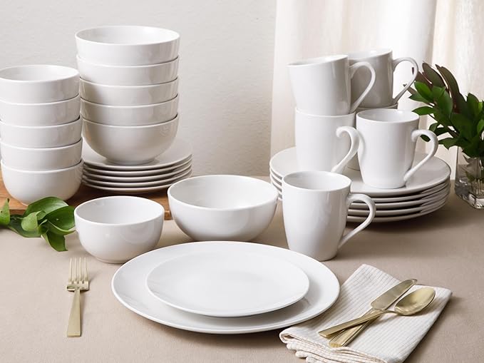 Gibson Home Oslo 8-Piece Dinner Plate Set – Porcelain Chip &amp Scratch Resistant White with Black Rim – Modern Round Plates for Everyday Use &amp Entertaining