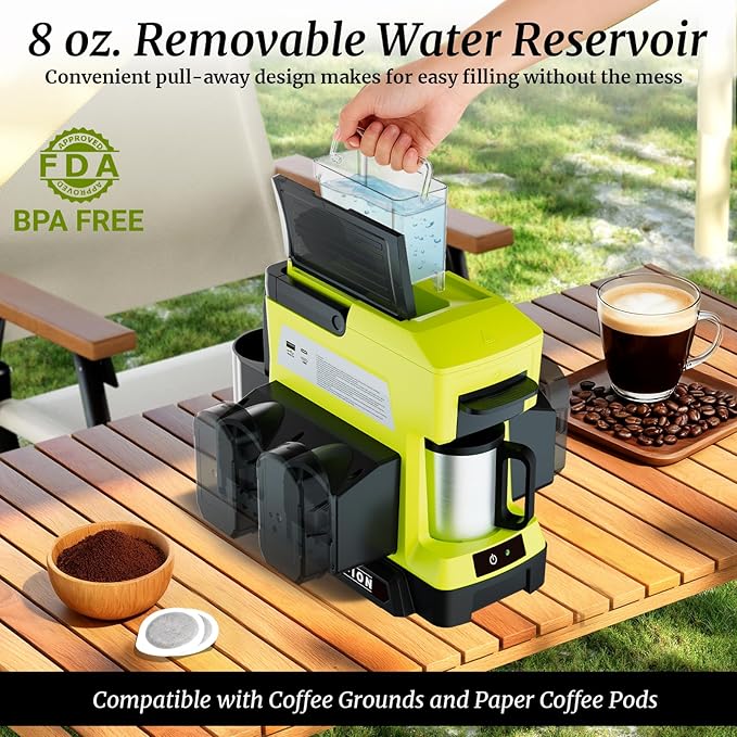 Cordless Coffee Maker for Ryobi 18V Battery 3 Brewing Options Drip Coffee Maker with Coffee Grinder Portable Single Serve Coffee Makers for Camping Travel and Jobsite. (Tool Only)