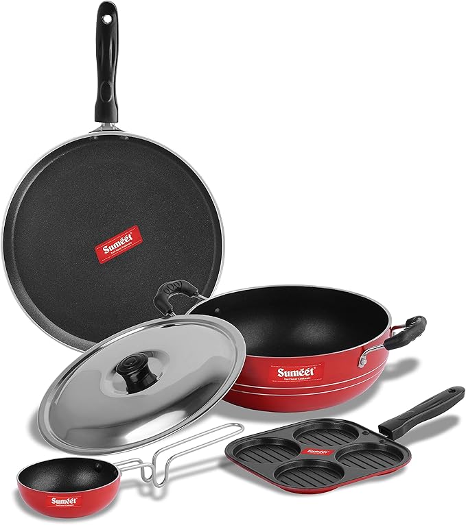 Sumeet 2.6mm Thick Non-Stick Rudh Cookware set (Dosa Tawa – 26.5cm Dia + Mini Multi Snack Maker – 19.5cm Dia + Kadhai With Lid – 1.5Ltr capacity- 20cm Dia + Tadka Pan – 10cm Dia)