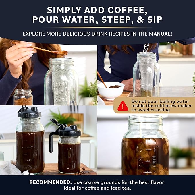 Home Hero Cold Brew Coffee Maker Glass Pitcher - Easy Mason-Style Cold Brew Jar - Smooth Iced Coffee Maker Experience - Leakproof Flip Cap &amp On-the-Go Lid for Iced Tea Pitcher - 64 Oz Black