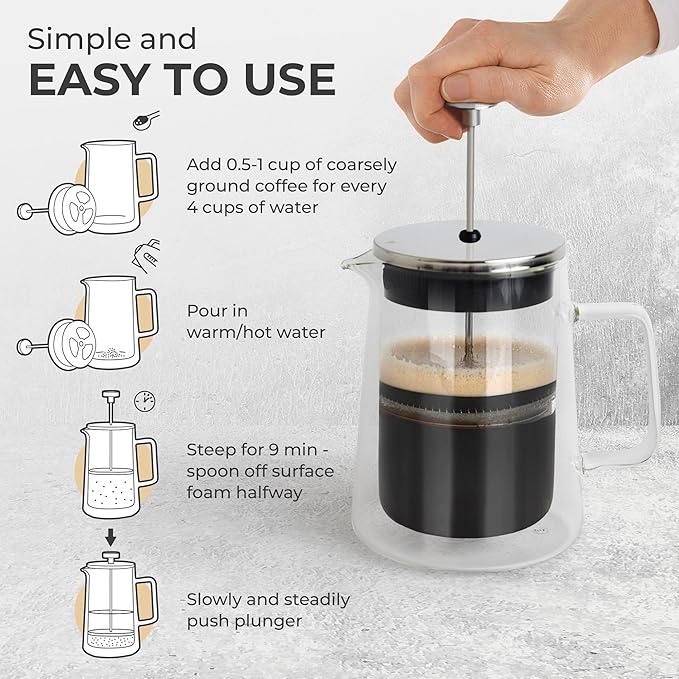 Kaffe Glass French Press Coffee Maker (27oz / 0.8L) - Double-Wall Insulated Borosilicate Glass Coffee Press - Travel &amp Camping - Homemade French Press Coffee