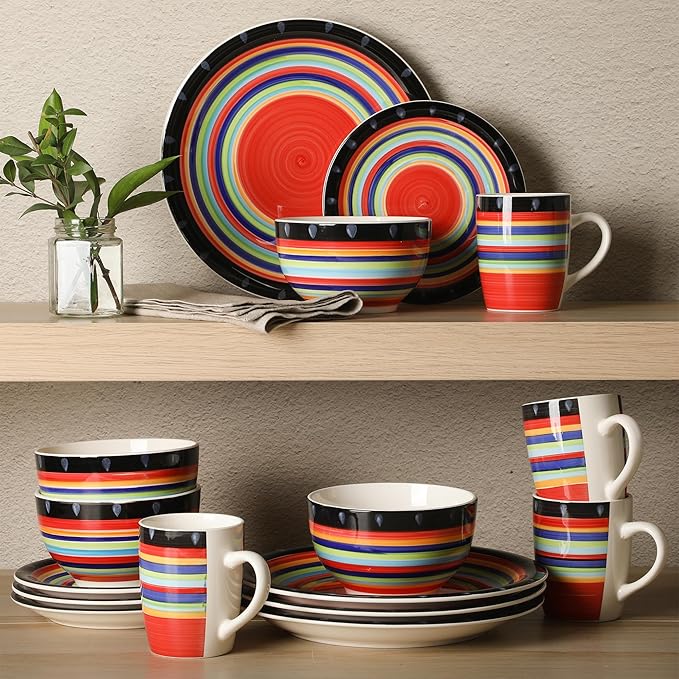 Gibson Home Festival Rings 16-Piece Stoneware Dinnerware Set – Colorful Hand-Painted Plates Bowls &amp Mugs Service for 4 Dishwasher &amp Microwave Safe Vibrant Tableware