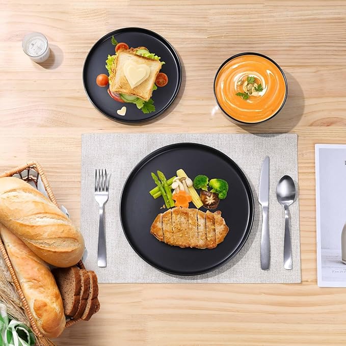 18‑Piece Stoneware Dinnerware Set in Matte White Modern Plates and Bowls for Everyday Meals and Special Occasions Dishwasher &amp Microwave Safe (Black)