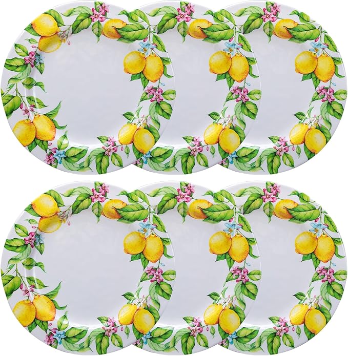 LEHAHA Melamine Dinner Plate Set of 6 11” inch Lemon Plates Set BPA Free Lightweight and Break Resistant Great for Parties RVs Picnic and Camping Trailer Dishwasher Safe