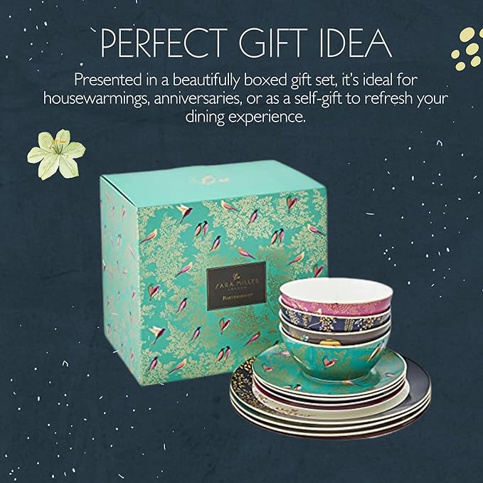 Sara Miller London Chelsea 12 Piece Dinnerware Set - Fine China Plates &amp Bowls Featuring Vibrant Birds &amp Floral Art for Afternoon Tea or Dining - Elegant Gift Box with Full Place Settings