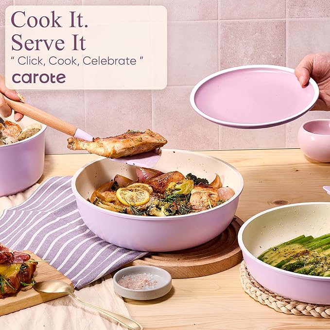 CAROTE Pots and Pans Set Non Stick Cookware Sets 19pcs Kitchen Set Oven/Fridge Safe Space Saving Pots Set Nonstick Set with Versatile Removable/Detachable Handle Induction RV Set Purple