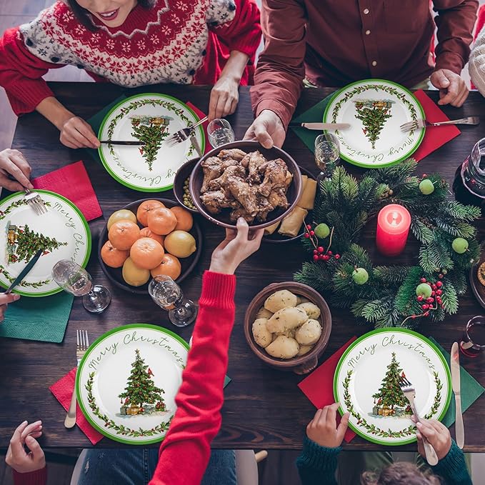 6 Pcs Christmas Melamine Plates Dinner Salad Plates Xmas Tree Dinnerware Xmas Wreath Dishes Holiday Tableware for Dessert Salad Appetizer Birthday Party(Christmas Tree8 Inches)