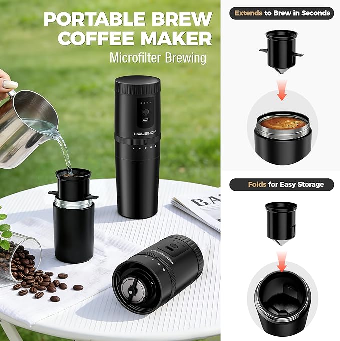 HAUSHOF Portable Coffee Maker Camping Coffee Makers Travel Mini Coffee Maker Portable Travel Coffee Maker with Grinder Personal Cordless Travel Coffee Maker for Car Camping and Home