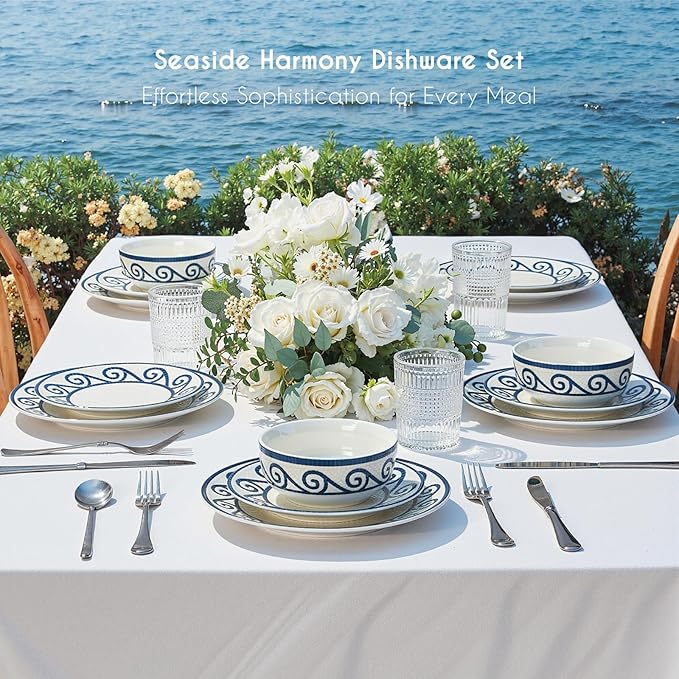 12-Piece Dinnerware Set for 4 Stoneware Kitchen Plates &amp Bowls Set Coastal Dinnerware Sets Microwave &amp Dishwasher Safe Scratch Resistant Vintage Dishware Set for Everyday Use &amp Family