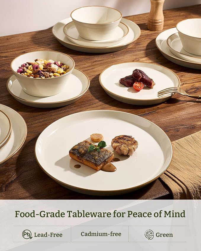 Famiware Saturn Plates and Bowls Dish Sets for 6 (18 Pieces) Stoneware Dinnerware Set with Hand-Painted Trim - Chip &amp Scratch Resistant Microwave &amp Dishwasher Safe Ceramic Dishes Vanilla Wh