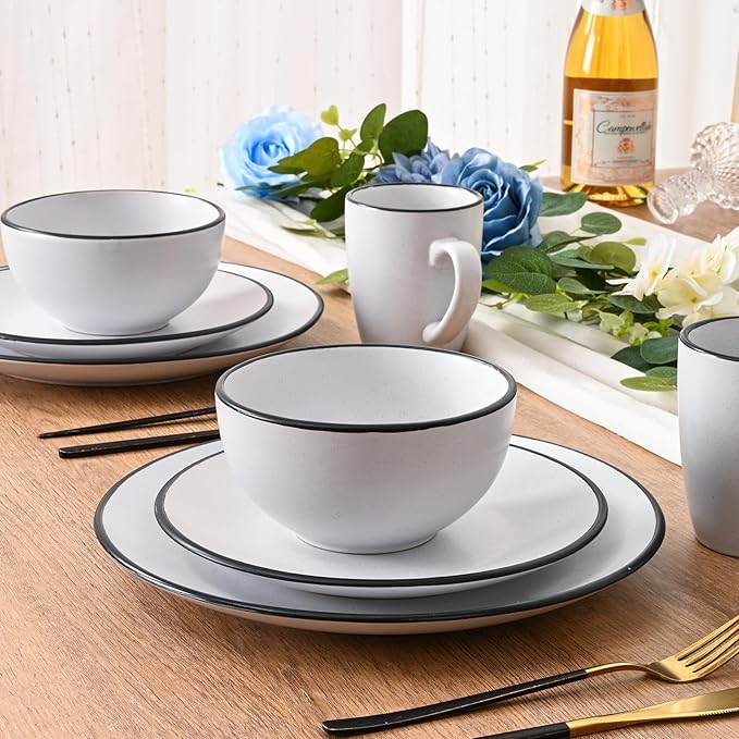 Homlouue 16 Pieces Stoneware Dinnerware Set Speckled Ceramic Plates and Bowls Mugs Sets Service for 4 Ceramic Dishes Set Microwave and Dishwasher Safe(White with Black Rim)