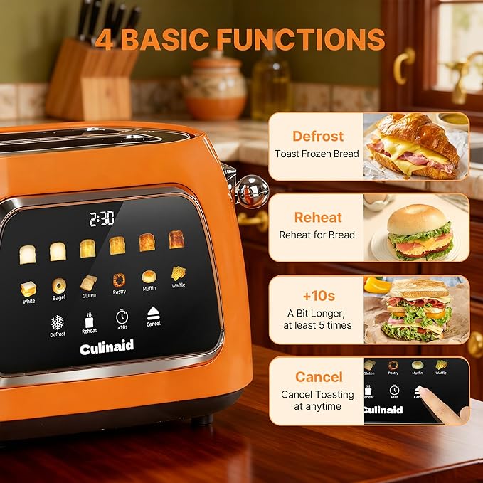 Toaster 2 Slice Smart Touch Screen Retro 1.5'' Extra Wide Slot Stainless Steel Digital Bread Toaster with Memory Function Bagel Defrost 6 Browning Level and Removable Crumb Tray Orange