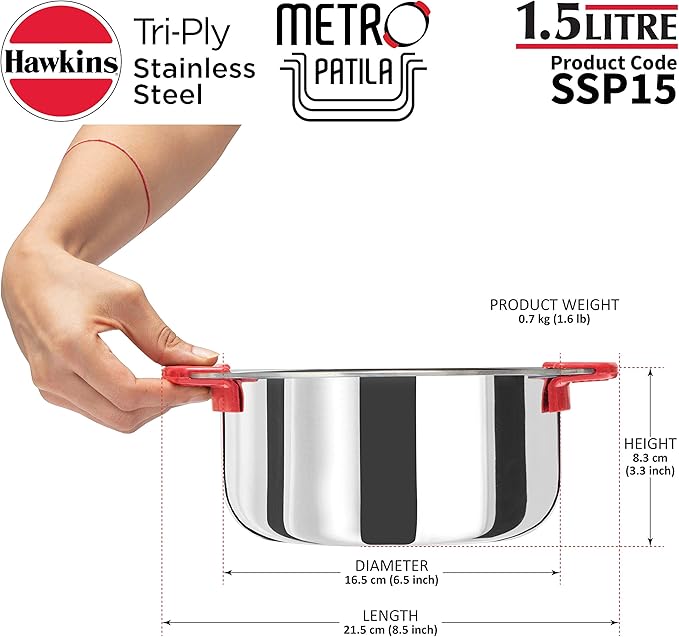 Hawkins 1.5 Litre Metro Patila Triply Stainless Steel Tope Induction Bhagona Tapeli Silver (SSP15)