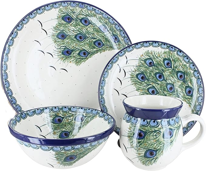 Blue Rose Polish Pottery - Green Peacock Feather 4 PC Place Setting - Service for 1-1 Place Setting - Great for Everyday Dining Casual Dining or as Formal Dinnerware