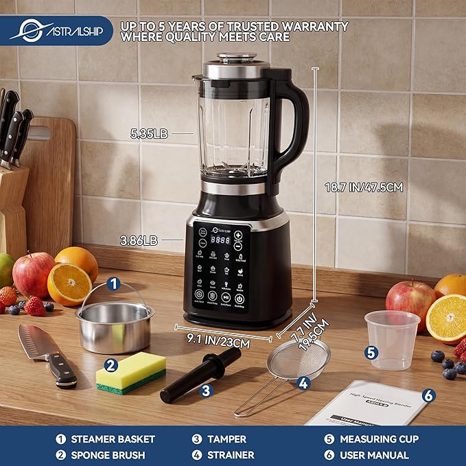 Glass Blenders for Kitchen with Tamper Blender for Smoothies Professional Blenders 1500W Motor 9 Adjustable Speeds 14 Preset Programs High-Speed Heating Blender for Nut Milk Soups Sauces &amp