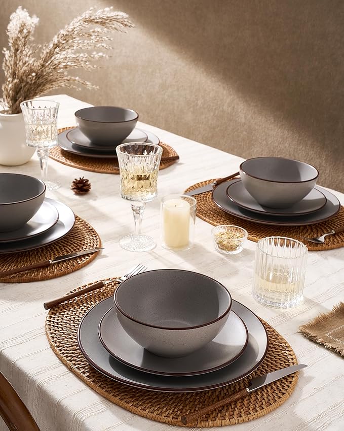Famiware Venus Speckled Dinnerware Set with Pasta Bowls for 4 (16 Pieces) Stoneware Plates and Double Bowls Matte Dark Gray - Microwave &amp Dishwasher Safe Dishes with Trim for Everyday &amp Form