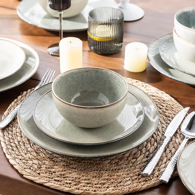 AmorArc Ceramic Dinnerware Sets for 4 12 Pieces Handpainted Plates and Bowls Set with Reactive Glaze Scratch Resistant Stoneware Dishes Set Dishwasher &amp Microwave Safe (16pc)