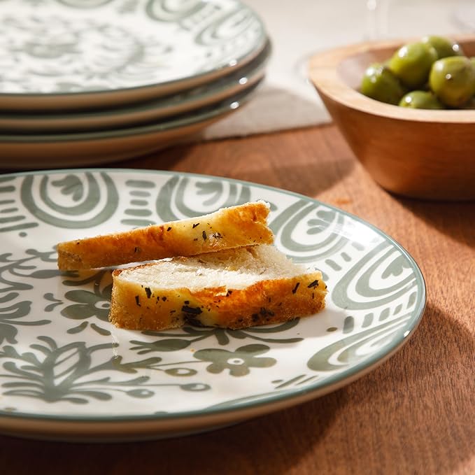 Bloomhouse - 2-Time Oprah’s Favorite Things - Valencia Flor 4 Piece Dessert &amp Salad Plate Set 8.75” Stoneware Plates Mediterranean Floral Decal Design Microwave &amp Dishwasher Safe Fern Gree