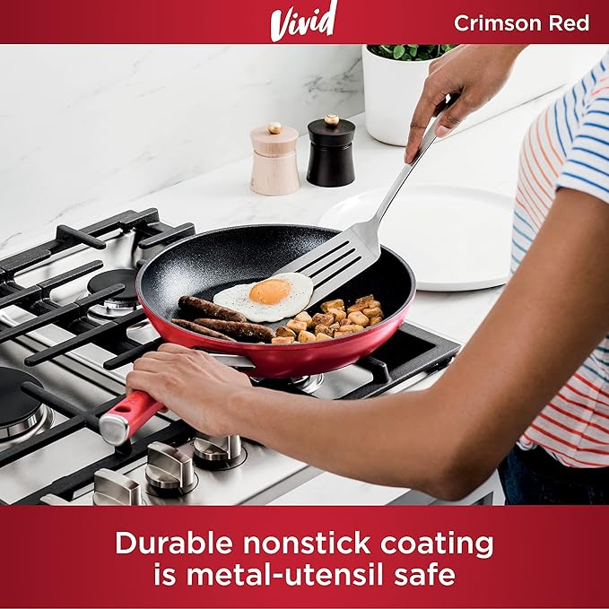 Ninja C28000 Foodi NeverStick Vivid 8-Piece Cookware Set with Lids Nonstick Durable &amp Oven Safe to 400°F Cool-Touch Handles Crimson Red