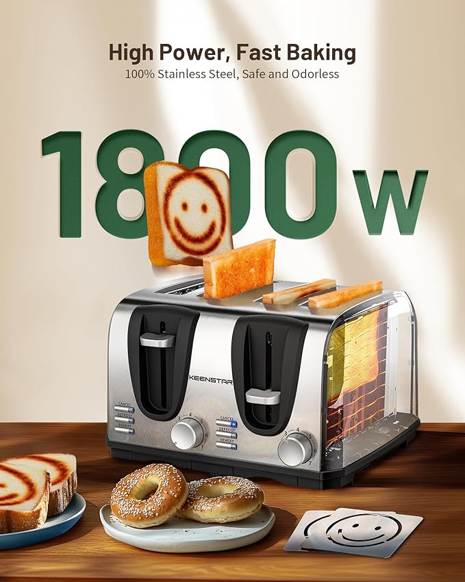 Toaster 4 Slice Keenstar Extra-Wide Slot Toaster with Dual Control Panels of Bagel/Defrost/Cancel Function 7 Toasting Bread Shade Settings Removable Crumb Trays Auto Pop-Up Stainless Steel