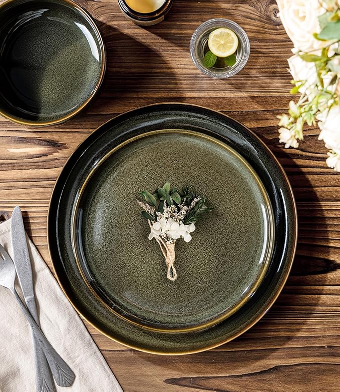 TheTerra Ceramic Dinnerware Sets for 8 24 Pieces Handmade Reactive Glaze Plates and Bowls Set Scratch Resistant Dish Set Oven &amp Microwave &amp Dishwasher Safe Olive Green
