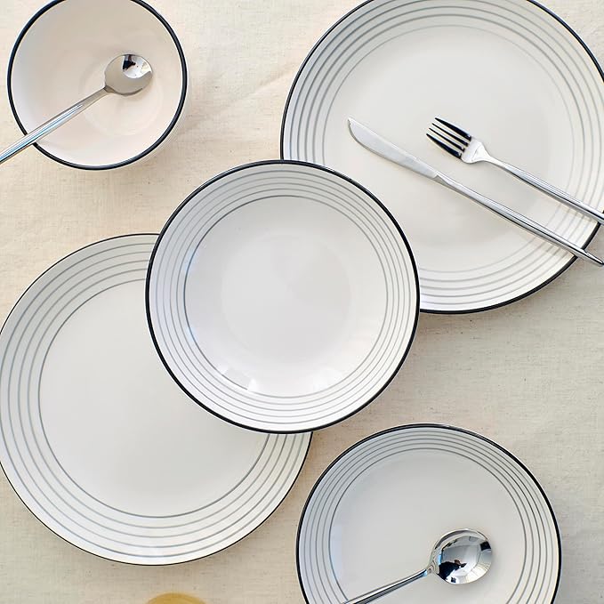 Earth &amp Clay Zeke 12-Piece Dinnerware Set Earthenware Plates and Bowls Set Dishwasher and Microwave Safe Dishes Dish Set for 4 Grey