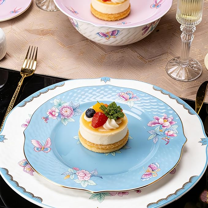 Bone China Dinnerware Set 12-Piece Vintage Floral Butterfly Plates and Bowls Set for 4 Fine Porcelain with Gold Trim Dishwasher Safe Complete Tableware Set