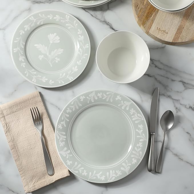 Martha Stewart Maiden Crown 12-Piece Sage Green Dinnerware Set – New Bone China Ceramic Plates &amp Bowls – Floral Design – Service for 4 – Microwave &amp Dishwasher Safe