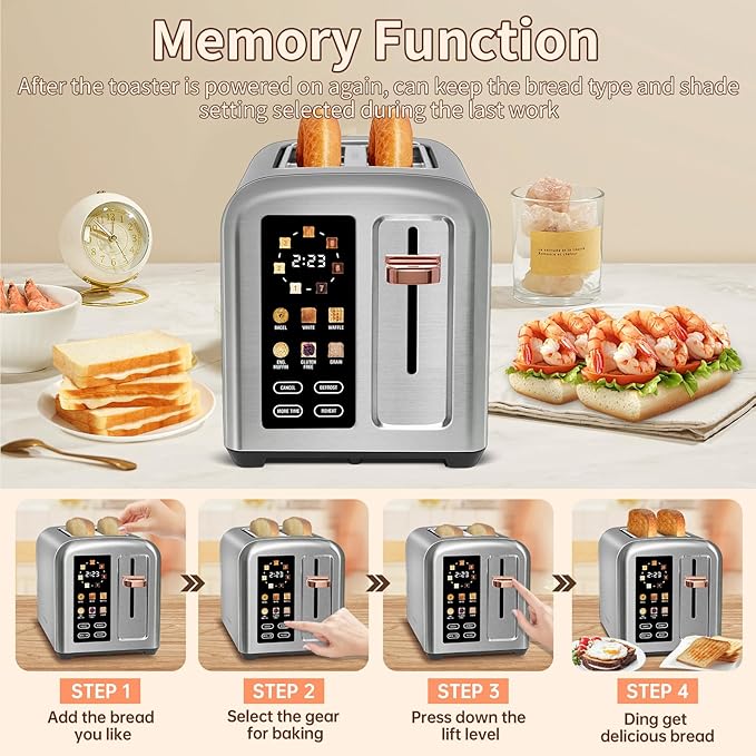SEEDEEM Toaster 2 Slice Touch Control Stainless Toaster LCD Display 50% Faster Heating Speed 1.4'' Wide Slots More Timer Functions Removable Crumb Tray 1350W Silver White