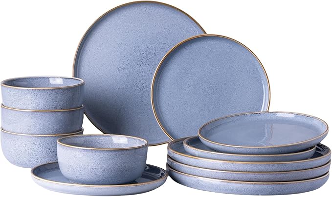GBHOME Ceramic Dinnerware Sets for 4 12 Pieces Stoneware Plates and Bowls Sets Scratch Resistant Dishe Set for Dinner Dishwasher &amp Microwave Safe Brunnera Blue