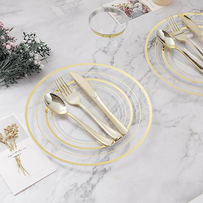 BESTVIP 100PCS Clear Plastic Plate Disposable Party Plates with 50 Dinner and 50 Dessert Plates Plastic Plate for Party Wedding and Birthday
