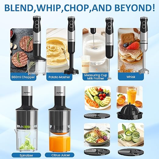 1000W Professional Hand Blender 12-Speed Heavy Duty Immersion Blender with 10 Attachments 20OZ Food Chopper Stainless Steel Whisk Milk Frother for Commercial Use