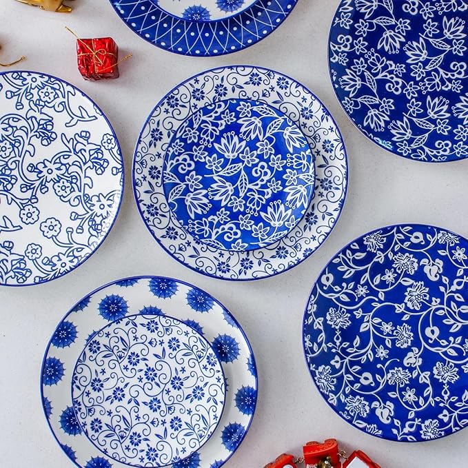 12 Pcs Ceramic Dinnerware - 8.5 Inch Salad Plates and 10.5 Inch Dinner Plates Sets - Service for 6 - Vintage Blue