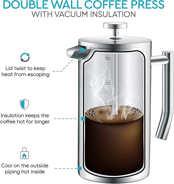Belwares French Press Coffee Maker 50 oz - Large 304 Stainless Steel Double Wall Insulated Thermal Coffee Press for Home Kitchen 4-Level Filtration with Extra Screens Dishwasher Safe 1.5L Silver