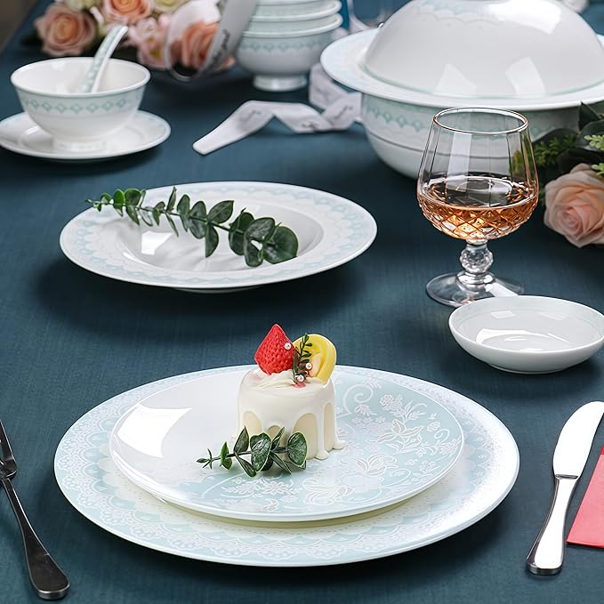 Fine Bone China Dinnerware SetPorcelain&ampCeramic Dinnerware SetsBone Stoneware &amp Ceramic Cookware Tableware Set Includes Dinner Plates|Spoons|Pasta Bowls|Soup Pot|Chopsticks (50PCS * 8-Person