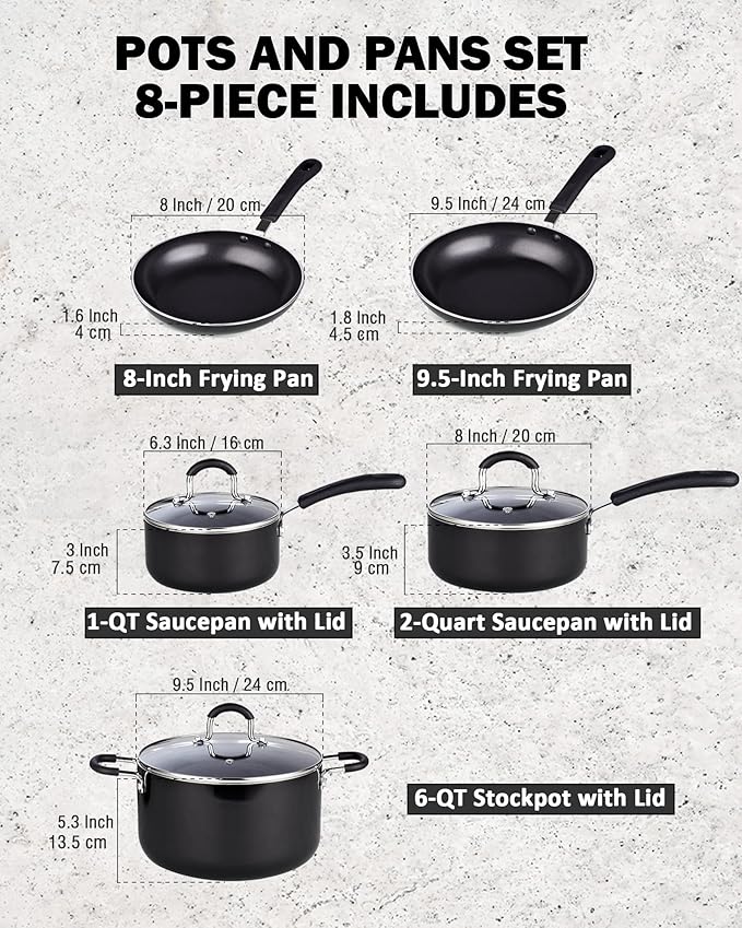 Cook N Home Pots and Pans Nonstick Kitchen Cookware Sets include Saucepan Frying Pan Stockpots 8-Piece Heavy Gauge Stay Cool Handle Black