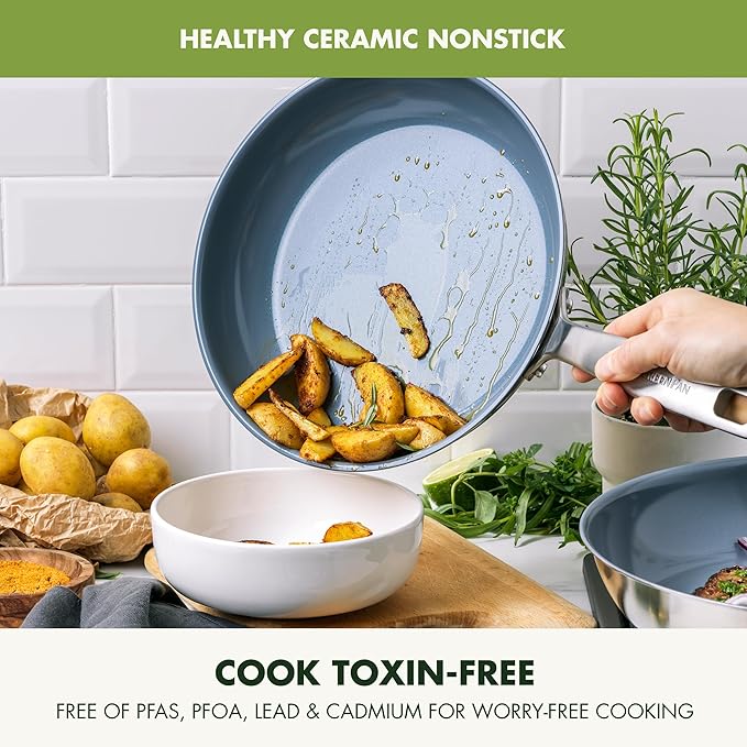 GreenPan Treviso Stainless Steel Healthy Ceramic Nonstick 12 Frying Pan Skillet with Lid PFAS-FreeClad Induction Dishwasher Safe Silver