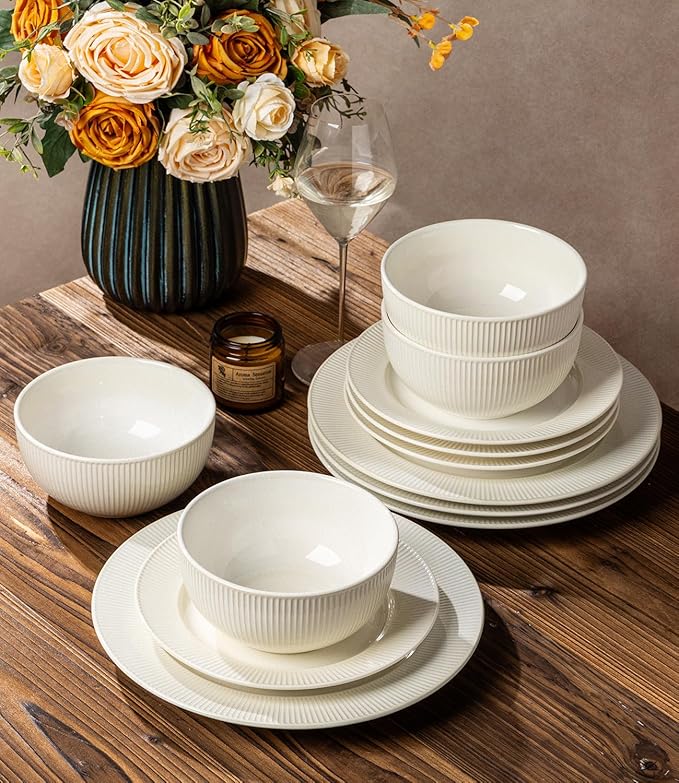 TheTerra Stoneware Dinnerware Sets for 6 18 Pieces Ceramic Plates and Bowls Sets Scratch Resistant Embossed Dish Set Oven Microwave &amp Dishwasher Safe Reactive White