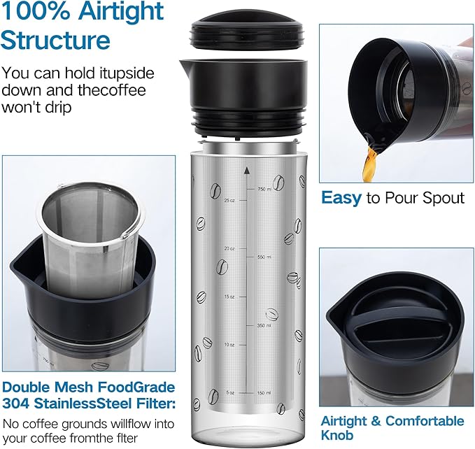 25oz Cold Brew Coffee Maker 4 Cup Capacity Tea Maker Iced Coffee Pot Cold Heat Resistant Borosilicate Glass Carafe Stainless Steel Mesh Filter Basket and Black Freshness Lid